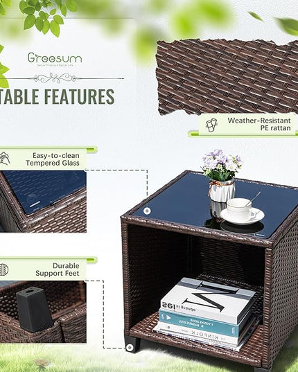 Greesum 3 Pieces Patio Furniture Sets Outdoor PE Rattan Wicker Chairs with Soft Cushion and Glass Coffee Table for Garden Backyard Porch Poolside, Beige - LeafyLoom