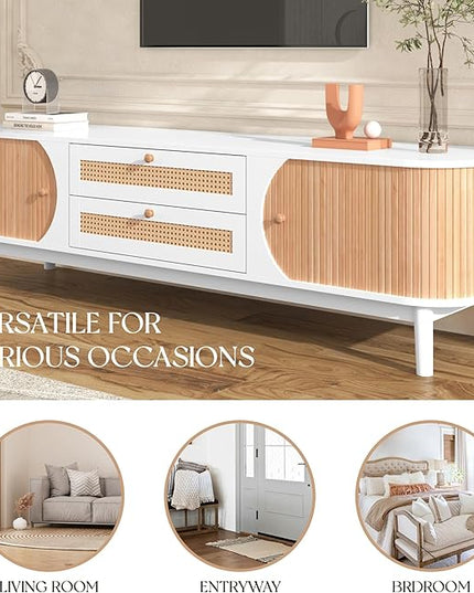 Merax Rattan TV Stand for TVs up to 75", Modern Farmhouse Media Console with Multi-Functional Storage, Boho Entertainment Center with Solid Wood Legs, Television Cabinet for Living Room, Natural+White - LeafyLoom