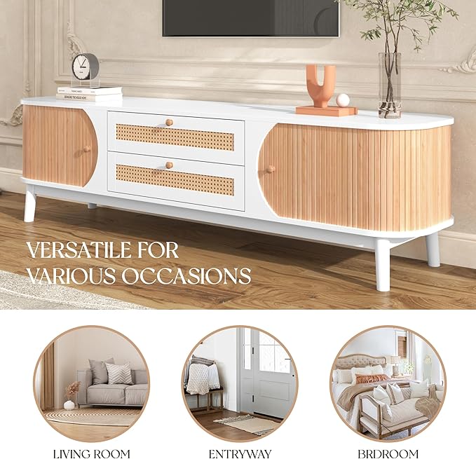 Merax Rattan TV Stand for TVs up to 75", Modern Farmhouse Media Console with Multi-Functional Storage, Boho Entertainment Center with Solid Wood Legs, Television Cabinet for Living Room, Natural+White - LeafyLoom