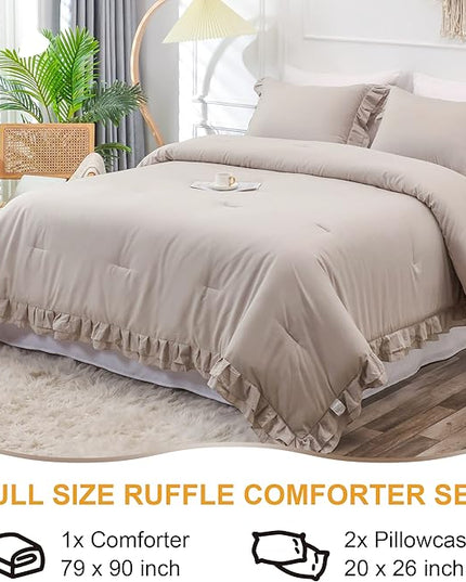 Wheat Double Ruffle Comforter Set Full Size (79x90 Inch), 3 Pcs Farmhouse Vintage Comforter Set (1 Ruffled Comforter and 2 Pillowcase), Rustic All Season Down Alternative Bedding Set - LeafyLoom