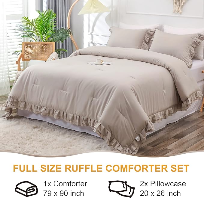 Wheat Double Ruffle Comforter Set Full Size (79x90 Inch), 3 Pcs Farmhouse Vintage Comforter Set (1 Ruffled Comforter and 2 Pillowcase), Rustic All Season Down Alternative Bedding Set - LeafyLoom