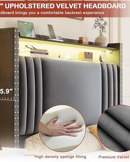 Queen Bed Frame withTall Headboard & LED Light,Velvet Upholstered Wingback Storage Headboard with Charging Station,Tufted Platform Bed Frame,No Box Spring Needed Dark Grey - LeafyLoom
