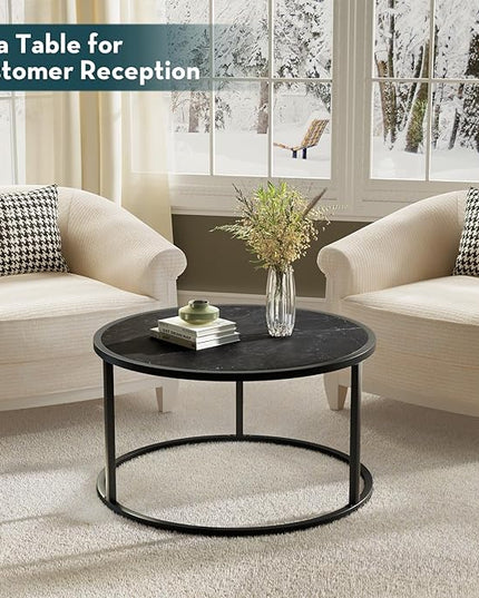 SAYGOER Small Coffee Table Black Round Marble Center Tables Open Space Underneath for Living Room Home Office 27.6 * 27.6 * 17.7, Black Faux Marble - LeafyLoom