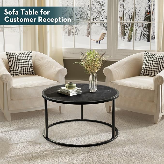 SAYGOER Small Coffee Table Black Round Marble Center Tables Open Space Underneath for Living Room Home Office 27.6 * 27.6 * 17.7, Black Faux Marble - LeafyLoom