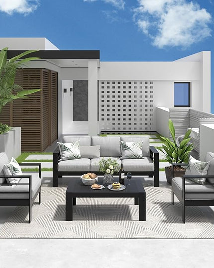 Solaste Aluminum Patio Furniture Set, 4 Pcs Modern Outdoor Conversation Set Sectional Sofa with Upgrade Cushion and Coffee Table,Black Frame and Grey Cushion - LeafyLoom