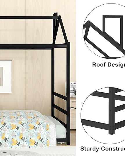 Bellemave Twin Size Montessori Floor Bed for Kids,Floor Bed with Roof, House Bed for Boys Girls,Metal House Shape Platform Bed Twin,Black - LeafyLoom