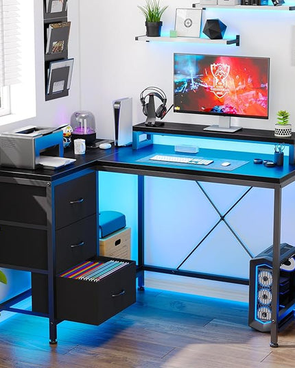 L Shaped Desk with Power Outlets & LED Lights, Computer Desk with Drawers & Shelves, Corner Desk Gaming Desk Home Office Desk, Black - LeafyLoom