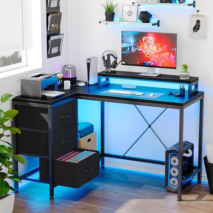 L Shaped Desk with Power Outlets & LED Lights, Computer Desk with Drawers & Shelves, Corner Desk Gaming Desk Home Office Desk, Black - LeafyLoom