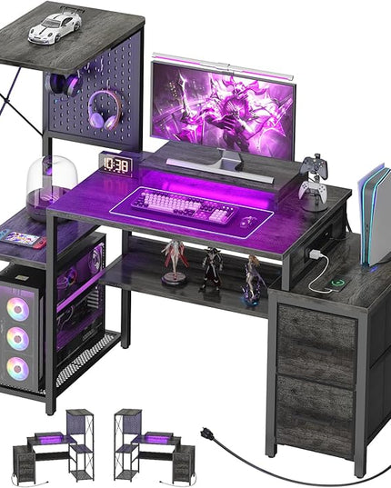 Small Gaming Desk with 2 Fabric Drawers - Reversible Computer Desk with Power Outlet & LED Lights, 49" Office Desk with Monitor Stand & Storage Shelves, Writing Study Table with Pegboard, Grey Oak - LeafyLoom