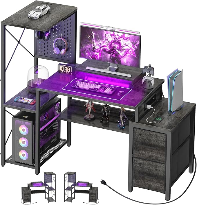 Small Gaming Desk with 2 Fabric Drawers - Reversible Computer Desk with Power Outlet & LED Lights, 49" Office Desk with Monitor Stand & Storage Shelves, Writing Study Table with Pegboard, Grey Oak - LeafyLoom