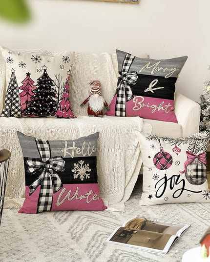 AVOIN colorlife Merry Christmas Joy Xmas Trees Pink Throw Pillow Covers, 18 x 18 Inch Christmas Winter Holiday Cushion Case Decoration for Sofa Couch Set of 4 AVOINcolorlife