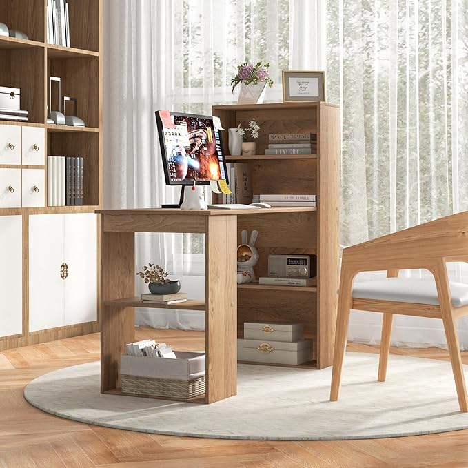 Computer Desk with Shelves, Natural - LeafyLoom