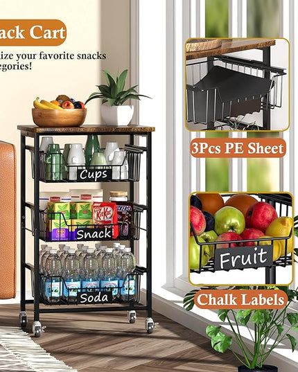 4-Tier Small Kitchen Storage Cart on Wheels, Metal Fruit Basket Stand with Pull-Out Baskets & Wood Top for Potato Onion Produce Snack Veggies - LeafyLoom