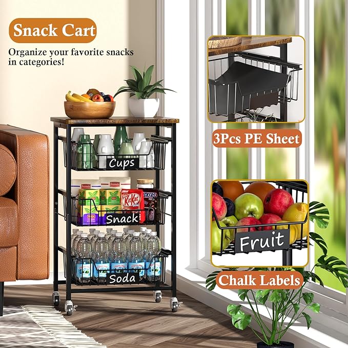 4-Tier Small Kitchen Storage Cart on Wheels, Metal Fruit Basket Stand with Pull-Out Baskets & Wood Top for Potato Onion Produce Snack Veggies - LeafyLoom