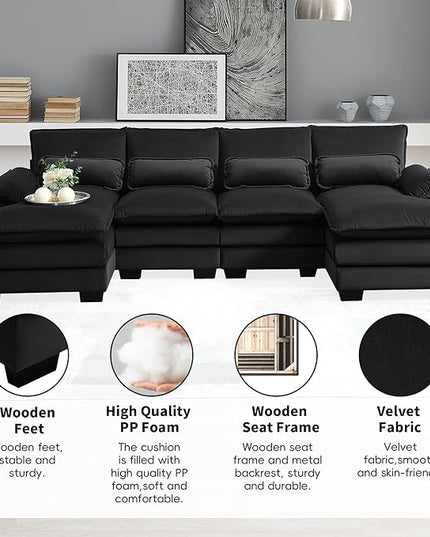 Symmetrical Modular Sectional Sofa with Chaise Lounge, 6 Seater Velvet Upholstered Cloud Couch, U Shaped Oversized Sleeper Sofa&Couches with Thicked Cushion & Detackable Backrest Living Room - LeafyLoom