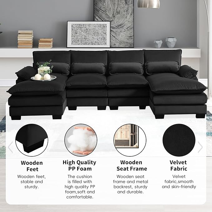 Symmetrical Modular Sectional Sofa with Chaise Lounge, 6 Seater Velvet Upholstered Cloud Couch, U Shaped Oversized Sleeper Sofa&Couches with Thicked Cushion & Detackable Backrest Living Room - LeafyLoom