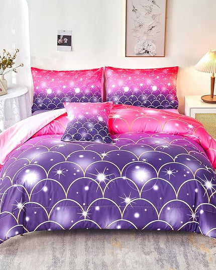 URBONUR Purple Glitter Comforter Set Full Size for Girls 6 Piece Bed in A Bag Comforter with Sheets Set, Gradient Pink Purple Sparkle Mermaid Fish Scales Bedding Comforter Set - LeafyLoom