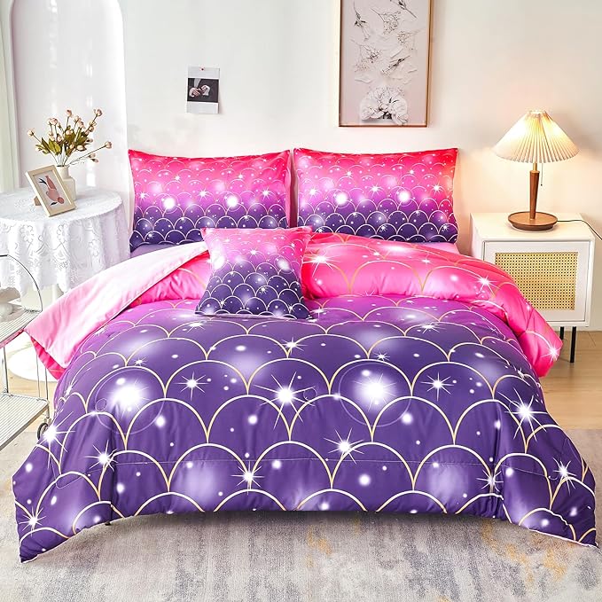 URBONUR 6Pcs Twin Comforter Set for Girls Pink and Purple Mermaid Printed Kids Bedding Set, Soft Microfber Gilrs Twin Bed Sets - LeafyLoom