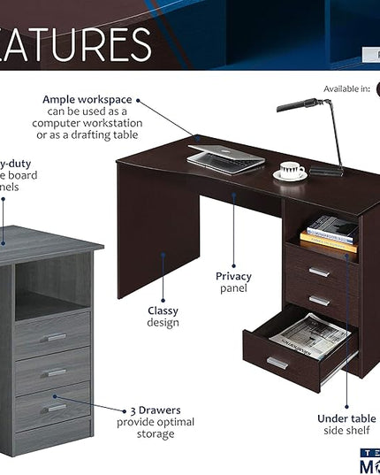 Techni Mobili RTA-8404-GRY Classic Computer Desk with Multiple Drawers, 51.2" W x 23.6" D x 29.5" H, Grey - LeafyLoom