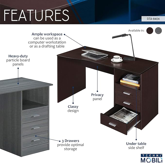 Techni Mobili RTA-8404-GRY Classic Computer Desk with Multiple Drawers, 51.2" W x 23.6" D x 29.5" H, Grey - LeafyLoom