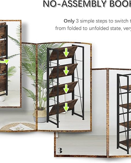 4NM No-Assembly Folding Bookshelf Storage Shelves 4 Tiers Vintage Bookcase Standing Racks Study Organizer Home Office (Rustic Brown and Black) - LeafyLoom