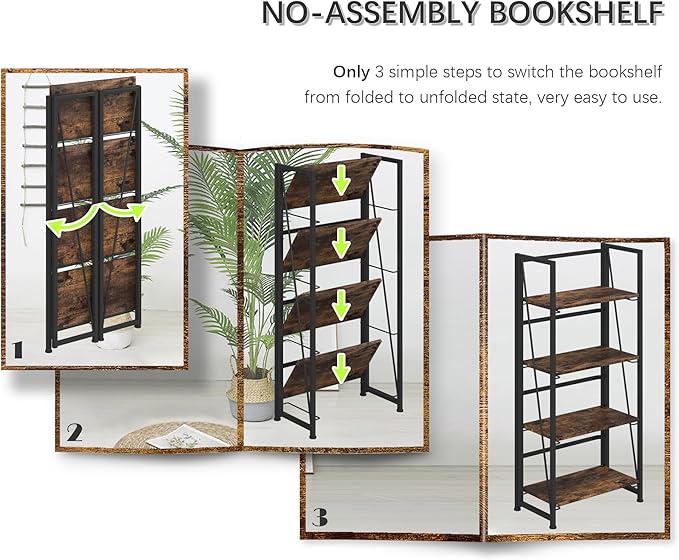 4NM No-Assembly Folding Bookshelf Storage Shelves 4 Tiers Vintage Bookcase Standing Racks Study Organizer Home Office (Rustic Brown and Black) - LeafyLoom