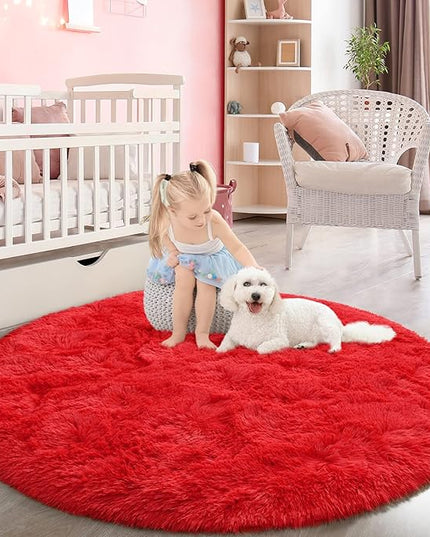 Red Round Rug for Bedroom, Super Fluffy Circle Rugs for Baby Nursery, 5'X5' Feet Furry Carpet for Children Kids Room, Cute Soft Shaggy Rug for Girls Home Decor, Fuzzy Plush Carpets for Dorm - LeafyLoom