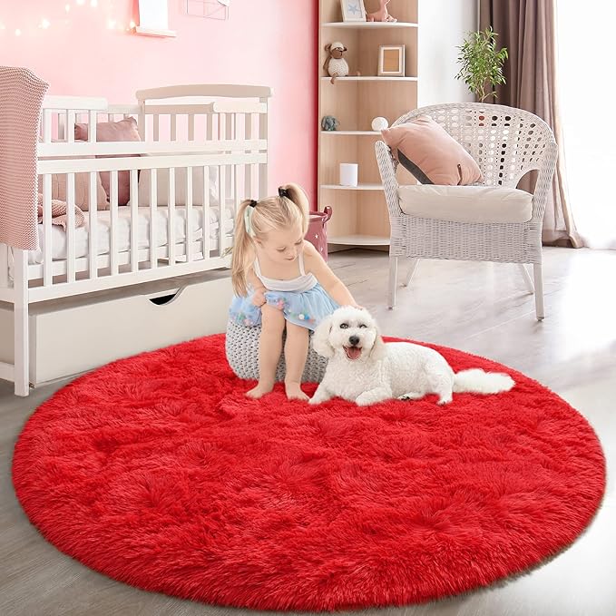 Red Round Rug for Bedroom, Super Fluffy Circle Rugs for Baby Nursery, 5'X5' Feet Furry Carpet for Children Kids Room, Cute Soft Shaggy Rug for Girls Home Decor, Fuzzy Plush Carpets for Dorm - LeafyLoom