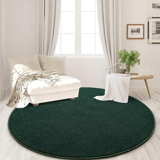 Round Area Rugs for Bedroom Living Room, 5x5 Dark Green Super Soft Comfy Thickened Memory-Foam Indoor Circle Carpet, Modern Aesthetic Minimalist Carpet for Boys Girls Adults Nursery Home Décor - LeafyLoom