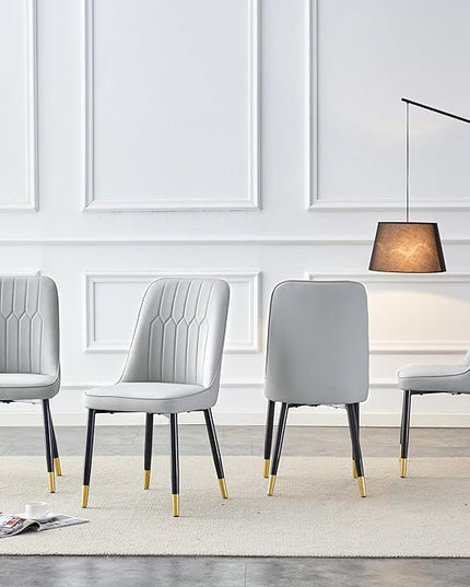 Modern Dining Chairs Set of 4, Faux Leather Dining Room Chairs PU Upholstered Gray Kitchen Chair with Black Golden Metal Legs for Home Living Room, Restaurant - LeafyLoom