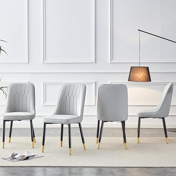 Modern Dining Chairs Set of 4, Faux Leather Dining Room Chairs PU Upholstered Gray Kitchen Chair with Black Golden Metal Legs for Home Living Room, Restaurant - LeafyLoom