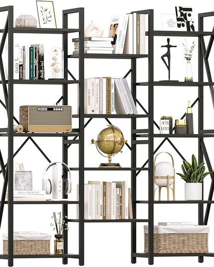 GAOMON Triple Wide 5 Tier Book Shelf, 70.8” Tall Bookcase with 14 Open Shelves, Large Industrial Bookshelves and Bookcases with Metal Frame for Home Office, Study Room, Living Room-Black - LeafyLoom