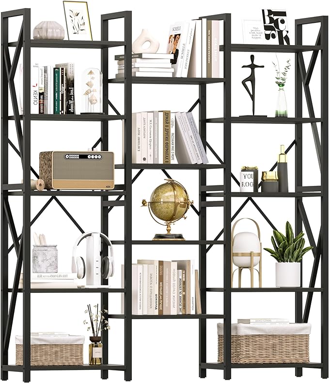 GAOMON Triple Wide 5 Tier Book Shelf, 70.8” Tall Bookcase with 14 Open Shelves, Large Industrial Bookshelves and Bookcases with Metal Frame for Home Office, Study Room, Living Room-Black - LeafyLoom