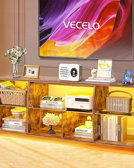 VECELO LED Gaming TV Stand with Power Outlets Television Cabinet with 7 Open Storage Shelves, Industrial Entertainment Center for Living Room and Bedroom, Retro Brown, 55inch - LeafyLoom