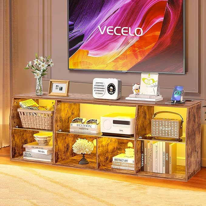 VECELO LED Gaming TV Stand with Power Outlets Television Cabinet with 7 Open Storage Shelves, Industrial Entertainment Center for Living Room and Bedroom, Retro Brown, 55inch - LeafyLoom