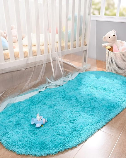 Merelax Soft Shaggy Rug for Kids Bedroom, Oval 2.6'x5.3' Teal Plush Fluffy Carpets for Living Room, Furry Carpet for Teen Girls Room, Anti-skid Fuzzy Comfy Rug for Nursery Decor Cute Baby Play Mat - LeafyLoom