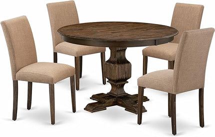East West Furniture F3AB5-747 Ferris 5 Piece Modern Dining Set Includes a Round Wooden Table with Pedestal and 4 Light Sable Linen Fabric Upholstered Chairs, 48x48 Inch - LeafyLoom