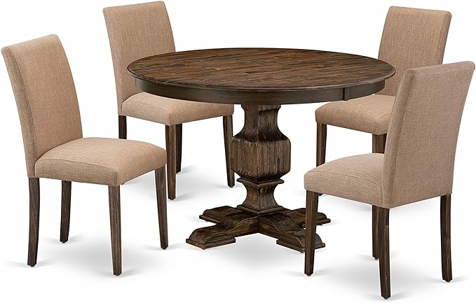 East West Furniture F3AB5-747 Ferris 5 Piece Modern Dining Set Includes a Round Wooden Table with Pedestal and 4 Light Sable Linen Fabric Upholstered Chairs, 48x48 Inch - LeafyLoom