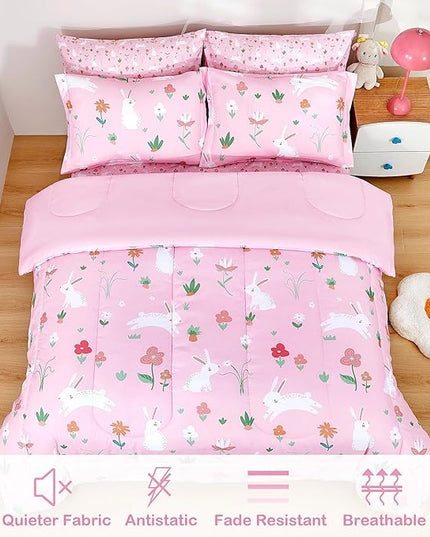 Mooreeke Bed in a Bag for Kids Girls Teens, 7 Pieces Full Size Comforter Bed Set with Shams, Sheet Set, Rabbit Pink Super Soft Microfiber Kids Comforter Bedding Set - LeafyLoom