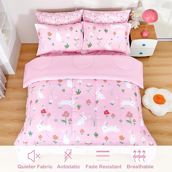 Mooreeke Bed in a Bag for Kids Girls Teens, 7 Pieces Full Size Comforter Bed Set with Shams, Sheet Set, Rabbit Pink Super Soft Microfiber Kids Comforter Bedding Set - LeafyLoom
