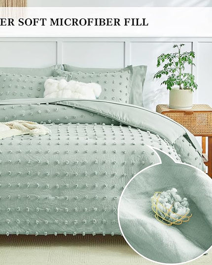 6 Pieces Tufted Dots Bed in a Bag Twin Comforter Set with Sheets Green , Soft and Embroidery Shabby Chic Boho Bohemian Comforters, Solid Color with Pom Pom Design, Jacquard Tufts Bedding Set for Kids - LeafyLoom