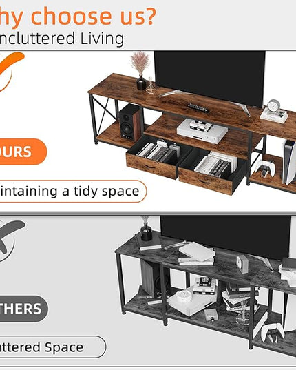 TV Stand with Fabric Drawers for 80 85 Inches TV - Entertainment Center and Industrial TV Console Table with Open Storage Shelves for Living Room, Bedroom- 79.1" Rustic Brown - LeafyLoom