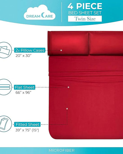 DREAMCARE Twin Sheets - Cooling Bed Sheets - 4pcs Set - up to 15" Deep Pocket Twin Bed Sheets - Twin Sheet Set - Bed Sheets Twin Soft & Lasting 100% Fine Brushed Polyester with Side Pocket - Burgundy - LeafyLoom