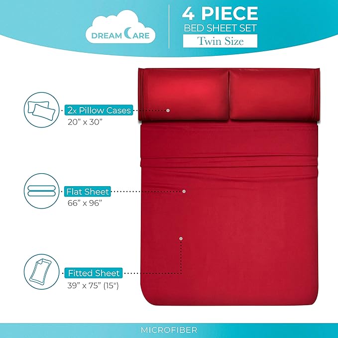 DREAMCARE Twin Sheets - Cooling Bed Sheets - 4pcs Set - up to 15" Deep Pocket Twin Bed Sheets - Twin Sheet Set - Bed Sheets Twin Soft & Lasting 100% Fine Brushed Polyester with Side Pocket - Burgundy - LeafyLoom