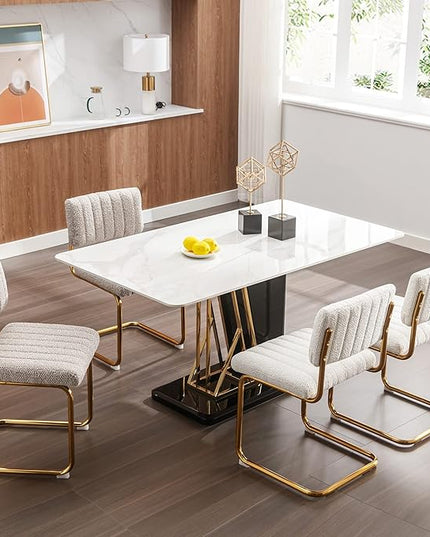 ONEVOG Cozy Boucle Dining Chair Set of 2, Upholstered White Dining Room Chairs with Gold Legs, Famous Cantilevered Design Comfort Dinner Chairs, Sturdy Stainless Chrome Base - LeafyLoom