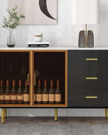 Modern Sideboard MDF with Marble Sticker Tabletop and Amber-Yellow Tempered Glass Doors,Freestanding Buffet Storage Cabinet,W/Gold Metal Legs & Handles,for Dining Room,Kitchen,Black, 60" - LeafyLoom