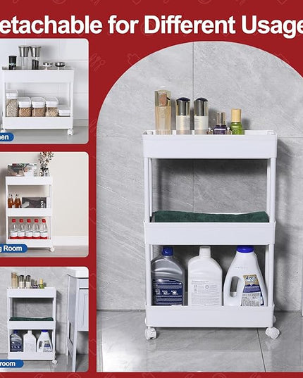 3 Tier Slim Storage Cart, Kitchen Mobile Shelving Unit Organizer, Rolling Cart with Lockable Wheels, Utility Cart for Tight Spaces on Kitchen Office Apartments Dormitory Bathroom, White - LeafyLoom