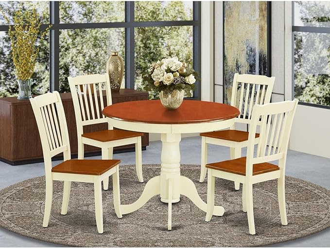 East West Furniture ANDA5-BMK-W Antique 5 Piece Set Includes a Round Kitchen Table with Pedestal and 4 Dining Chairs, 36x36 Inch - LeafyLoom