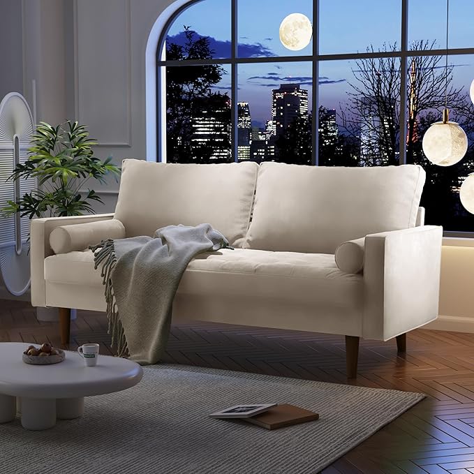 Velvet Furniture for Small Spaces, Mid-Century Modern Loveseats for Living Room, Love Seat Couch Sofas, 70 Inches, Beige - LeafyLoom