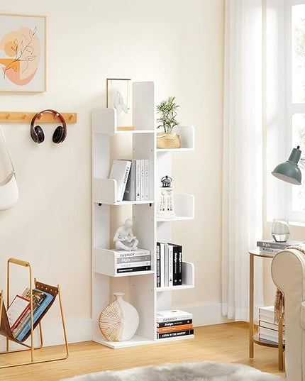 VASAGLE Bookcase, Tree-Shaped Bookshelf with 8 Storage Shelves, Rounded Corners, White 9.8D x 19.7W x 55.1H in, Engineered Wood - LeafyLoom